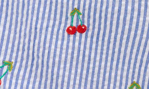 Shop Mini Boden Kids' Stripe Cherry Embroidered Wide Leg Cotton Pants In Blue Ticking Cherries