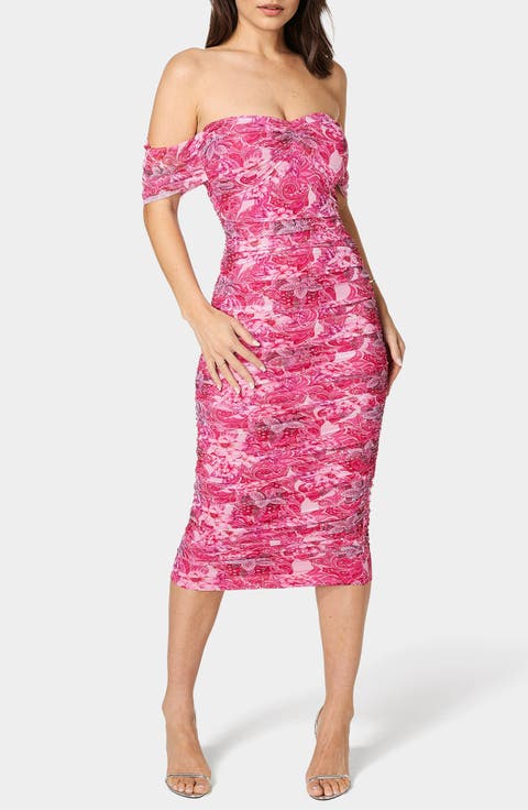 Off-the-Shoulder Ruched Midi Dress