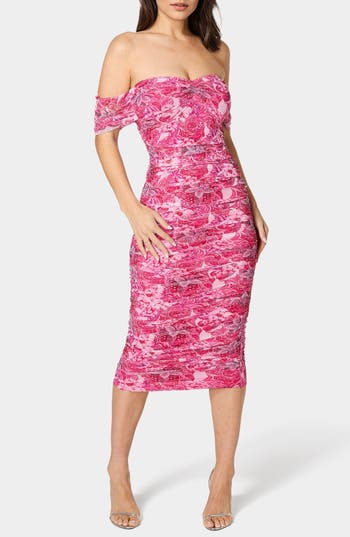 bebe Off-the-Shoulder Ruched Midi Dress in Pink Multi at Nordstrom Rack, Size X-Large