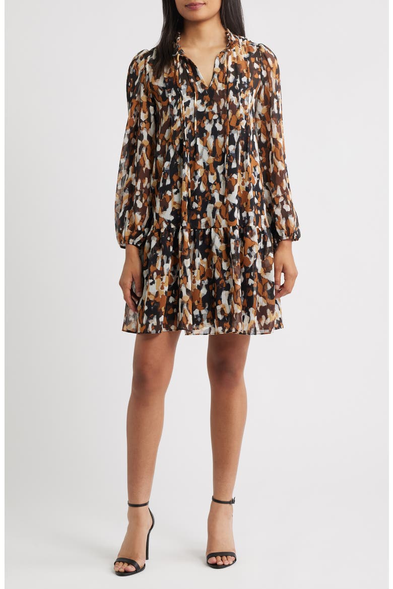 Pintuck Long Sleeve Dress, Main, color, BROWN MULTI