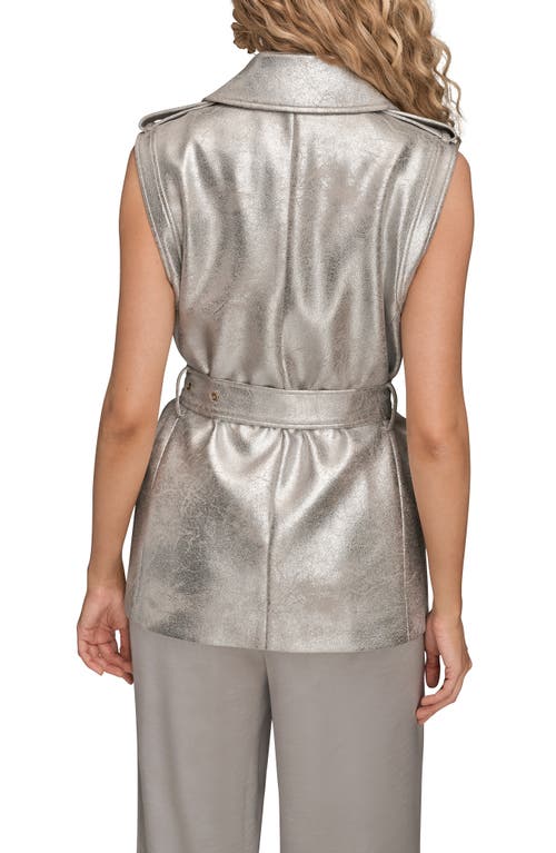 Donna Karan New York Metallic Faux Leather Belted Vest In Silver
