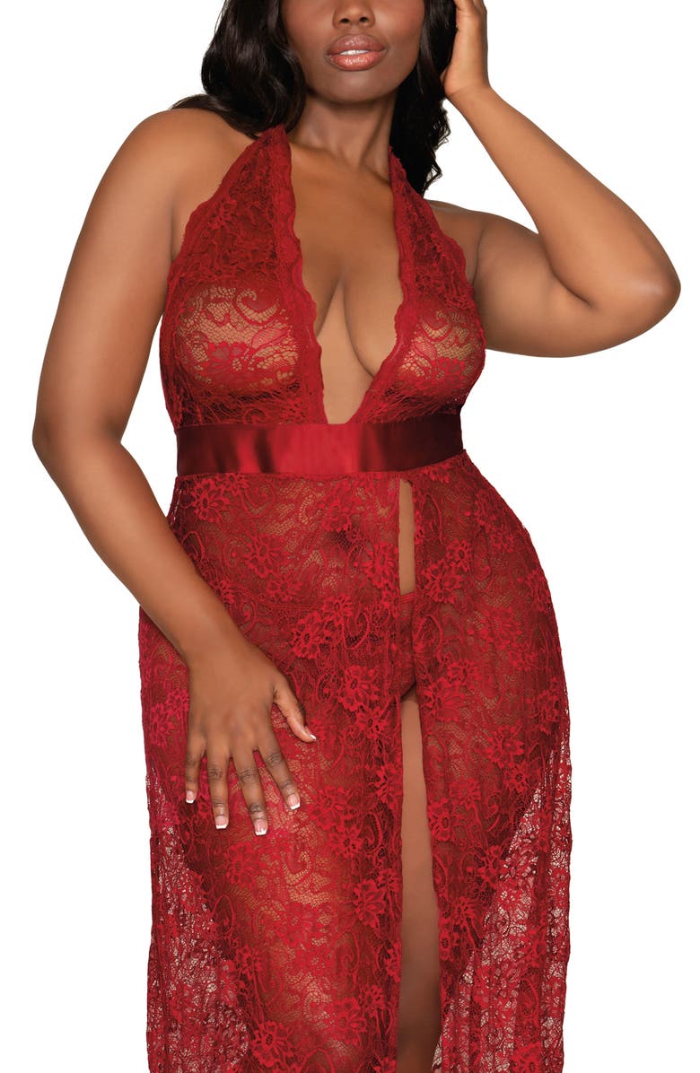 Dreamgirl Lace Halter Nightgown & G-String Set, Alternate, color, Garnet