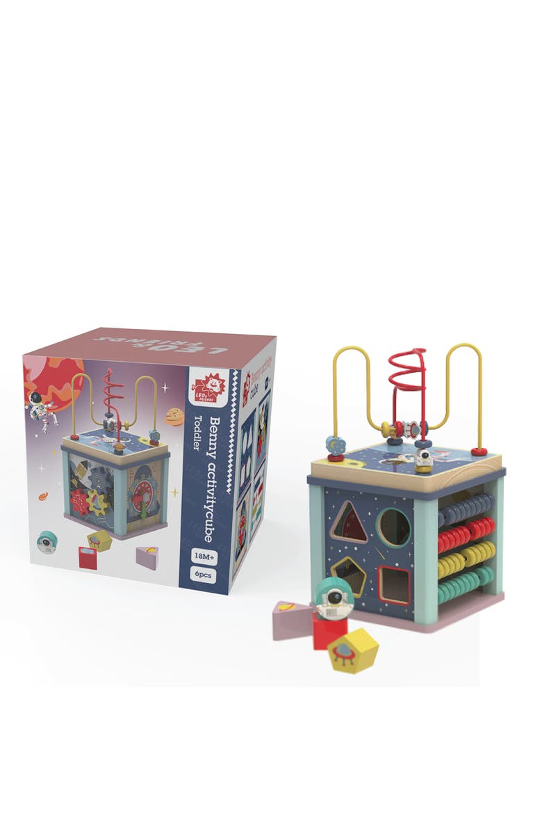 Leo & Friends Toddler Wooden Space Activity Cube, 6-Piece Educational Play Set, and Puzzle, Main, color, Purple