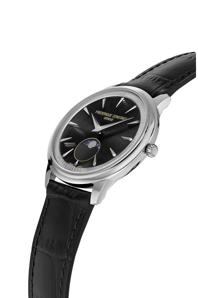 Classics Moneta Moonphase Black Leather Strap Watch, 37mm, Alternate, color, SILVER-TONE