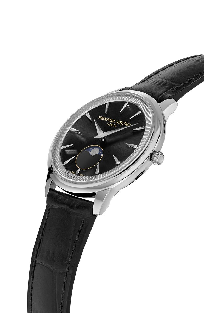 FREDERIQUE CONSTANT Classics Moneta Moon Phase Black Leather Strap Watch, 37mm, Alternate, color, Silver-Tone