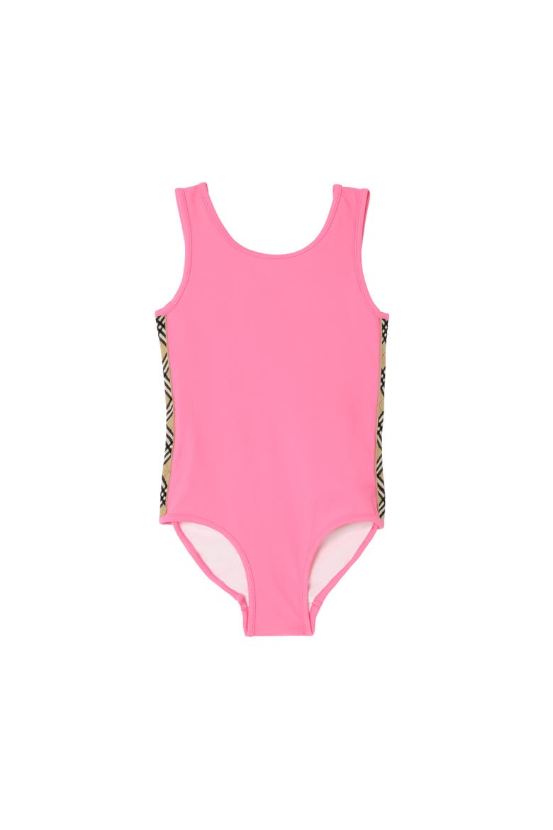 Girls' Check Trim Swimsuit, Main, color, Floss pink