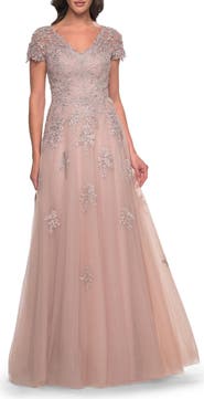 La Femme A-Line Tulle Gown with Lace Applique and Short Sleeves