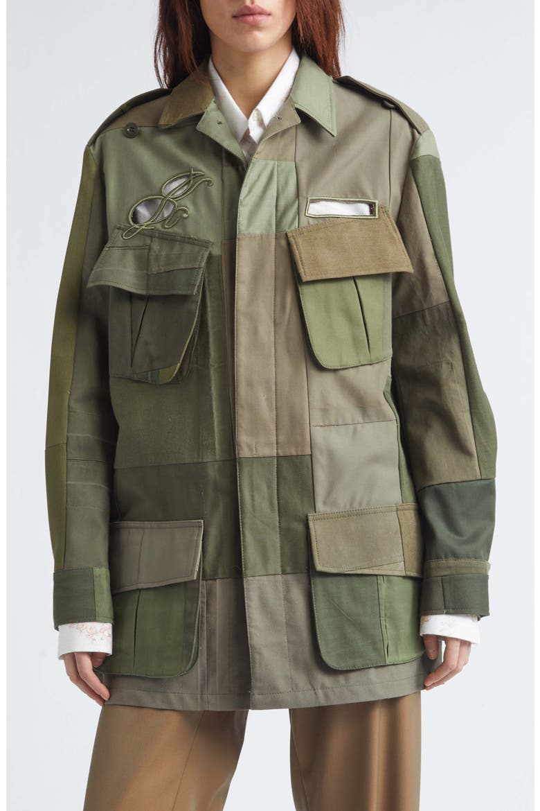 Embroidered Cutout Patchwork Cotton Field Jacket, Main, color, GREEN