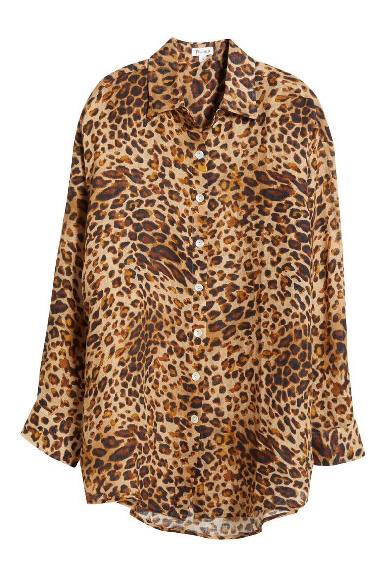 Playa Oversize Linen Cover-Up Shirt, Alternate, color, LUXE LEOPARD