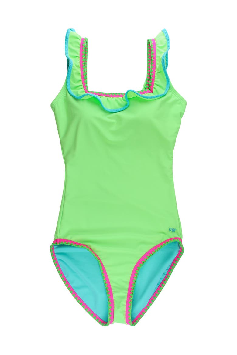 UPF50+ Women's Crochet Ruffle One Piece Swimsuit, Main, color, Neon Honeydew