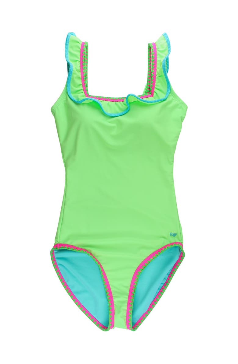 RuffleButts UPF50+ Women's Crochet Ruffle One Piece Swimsuit, Main, color, Neon Honeydew