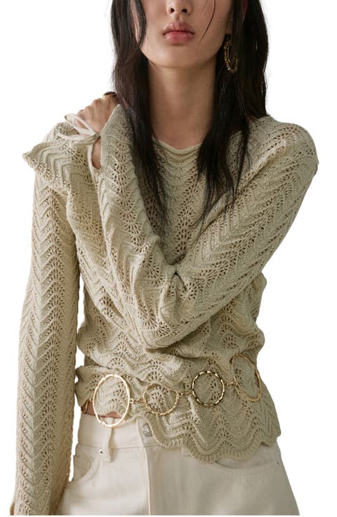 Mixed Open Stitch Long Sleeve Cotton Sweater