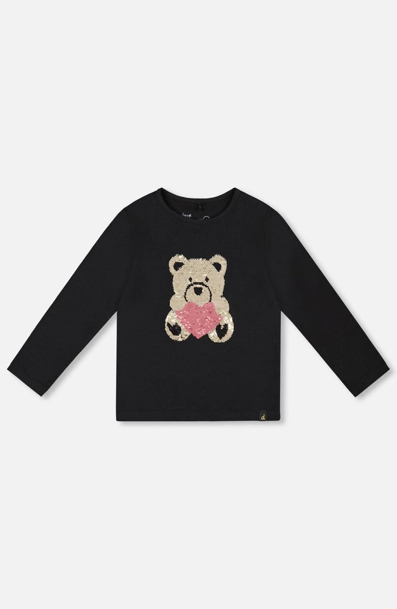 Deux par Deux Organic Cotton T-Shirt with Reversible Sequin Teddy Bear, Main, color,