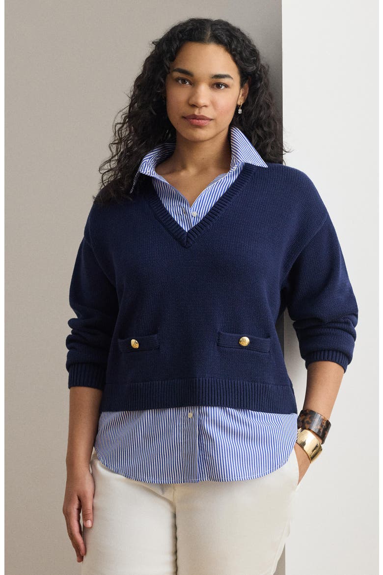Layered-Look Button Trim Cotton Sweater, Alternate, color, REFINED NAVY BLUE/ MULTI