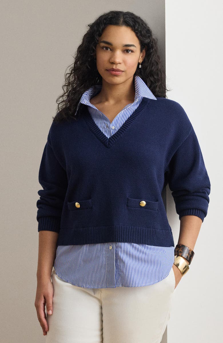 Lauren Ralph Lauren Layered-Look Button Trim Cotton Sweater, Alternate, color, Refined Navy Blue/ Multi