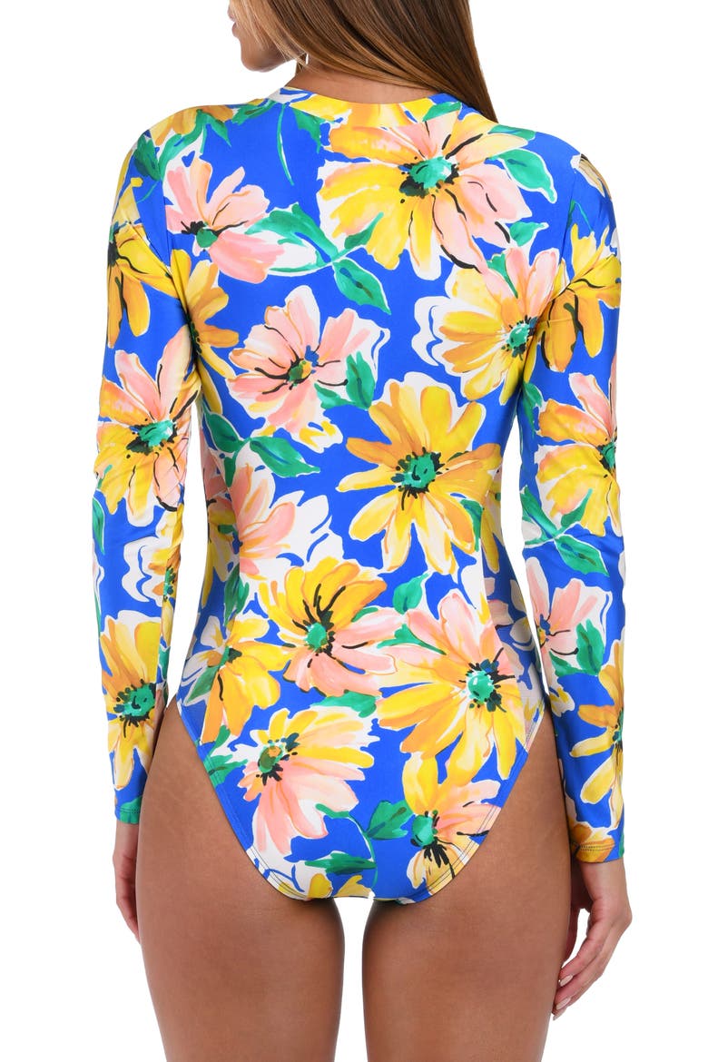 Sunflower Long Sleeve One-Piece Rashguard Swimsuit, Alternate, color, BLUE MULTI
