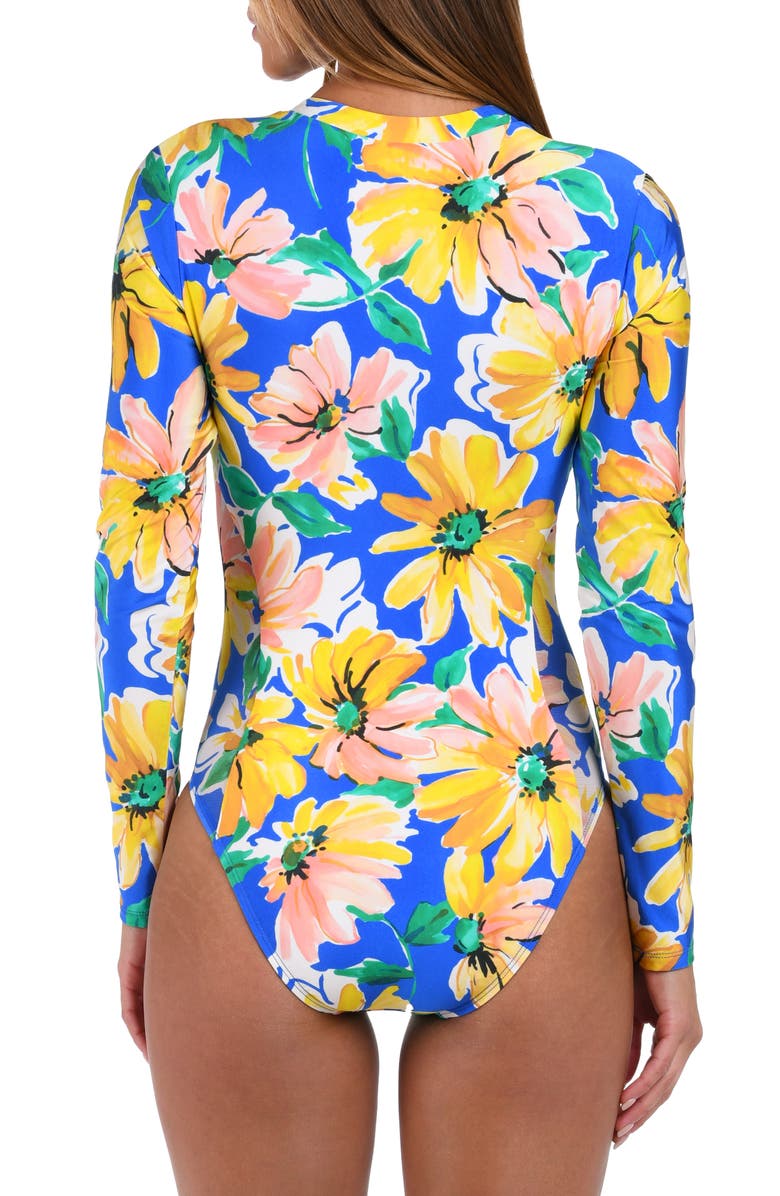 Sunshine 79 Sunflower Long Sleeve One-Piece Rashguard Swimsuit, Alternate, color, Blue Multi