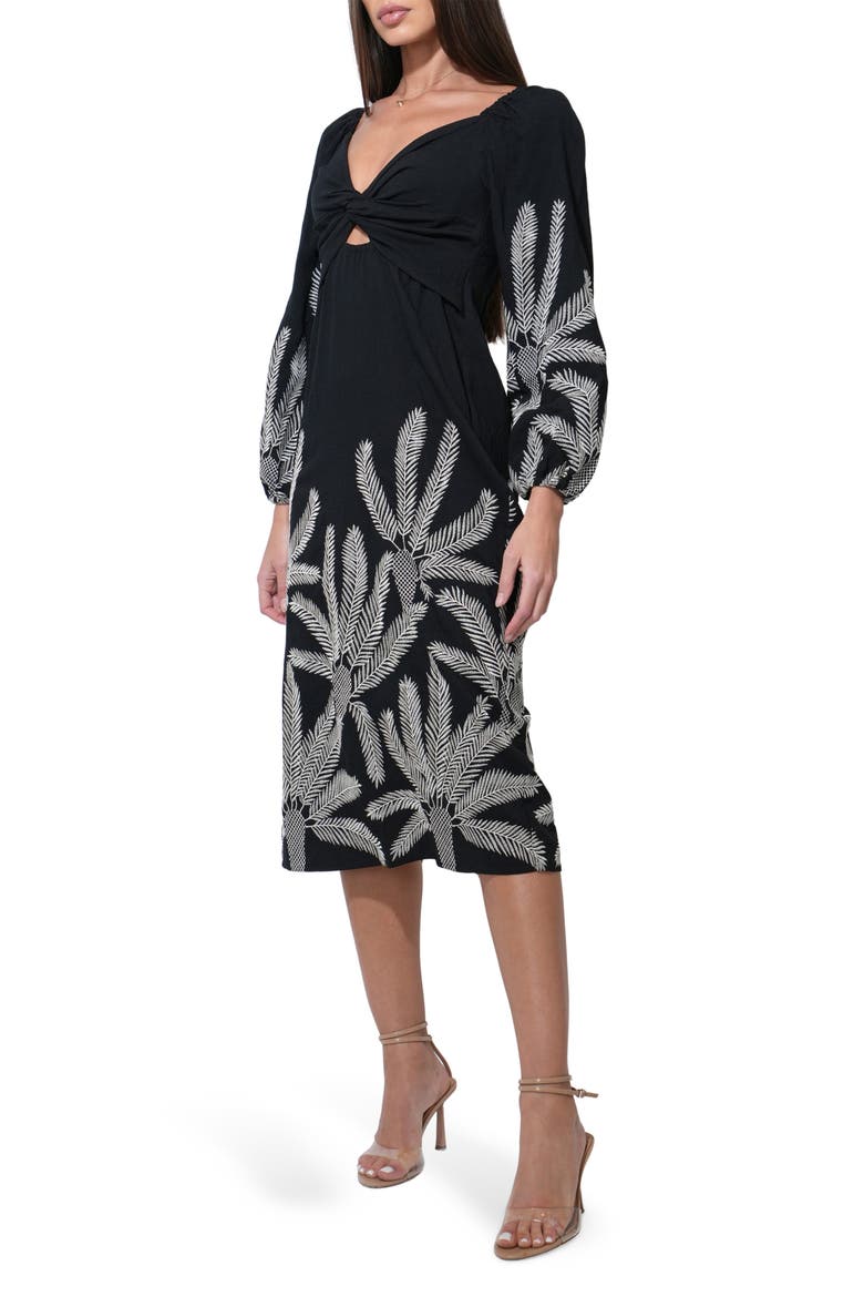 Jia Long Sleeve Embroidered Midi Dress, Alternate, color, BLACK