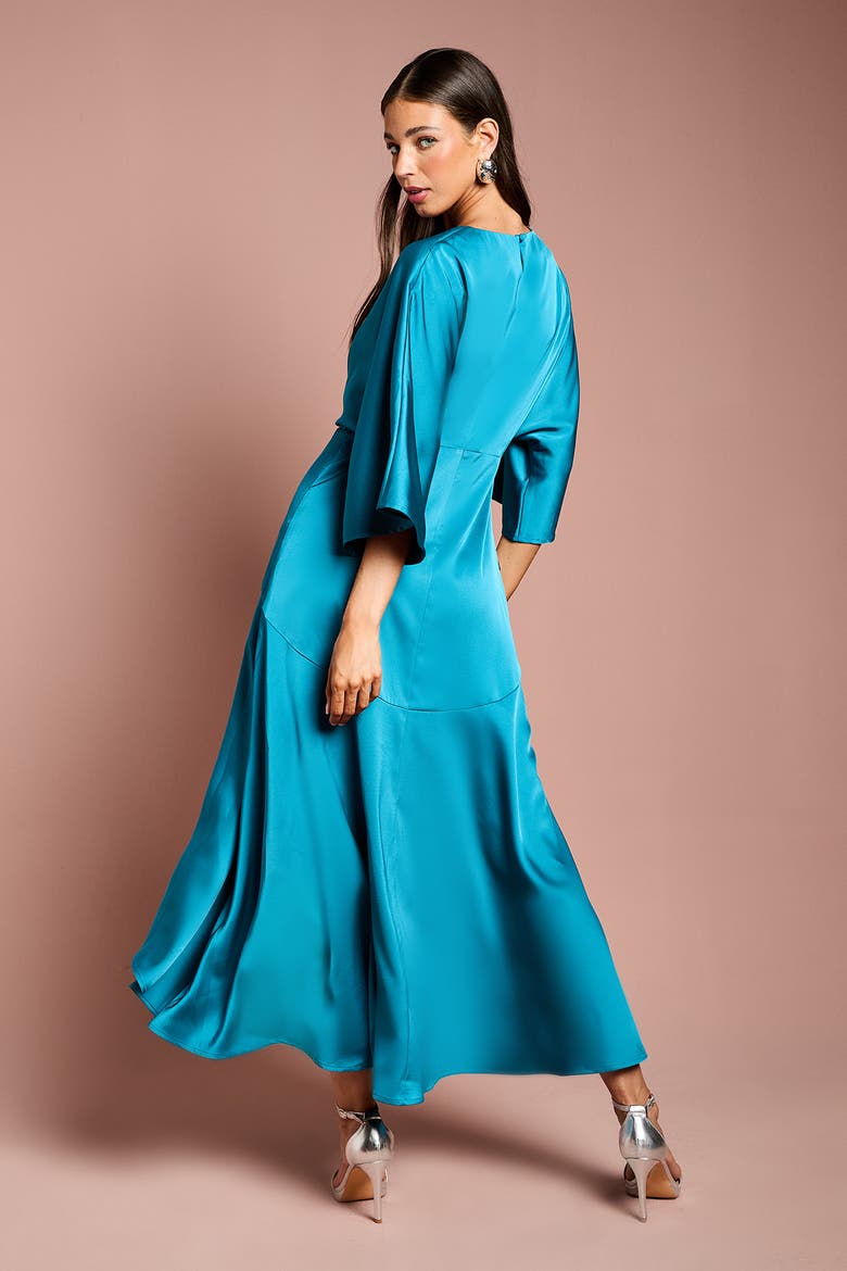 Satin Crepe Ruffle Wrap Midi Dress, Alternate, color, Teal