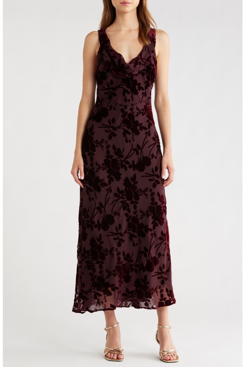Floris Floral Burnout Velvet Maxi Dress, Main, color, WINE
