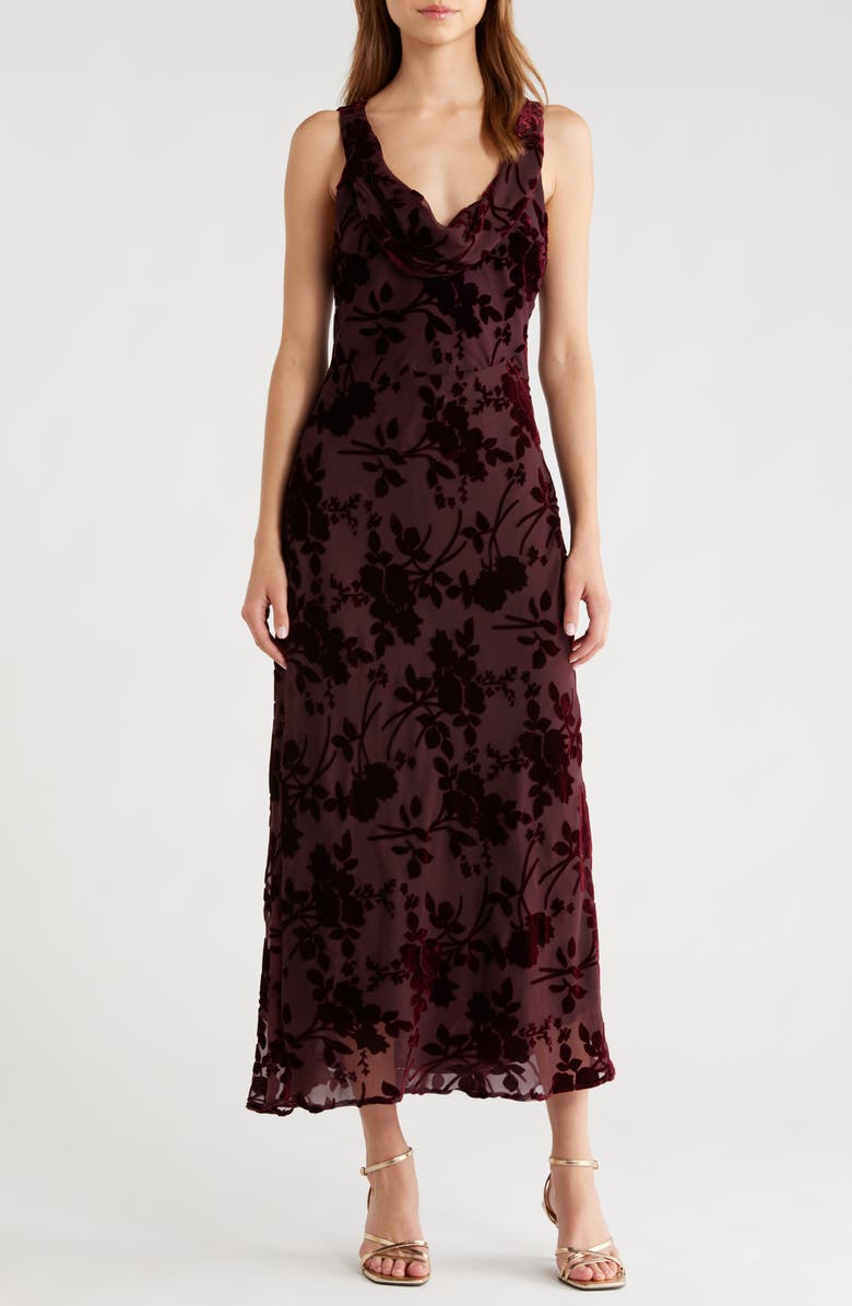 ASTR the Label Floris Floral Burnout Velvet Maxi Dress, Main, color, Wine