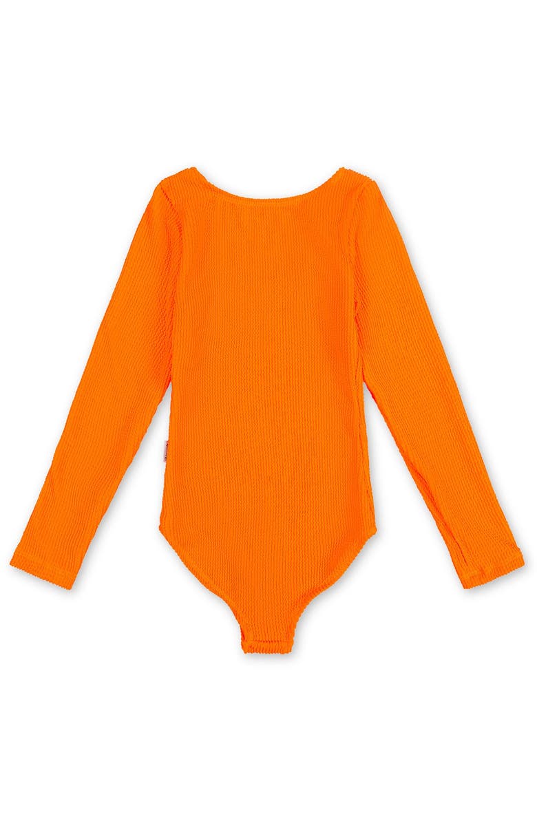 Limeapple Crinkle Long Sleeve One Piece Swimsuit, Main, color, Neon Orange