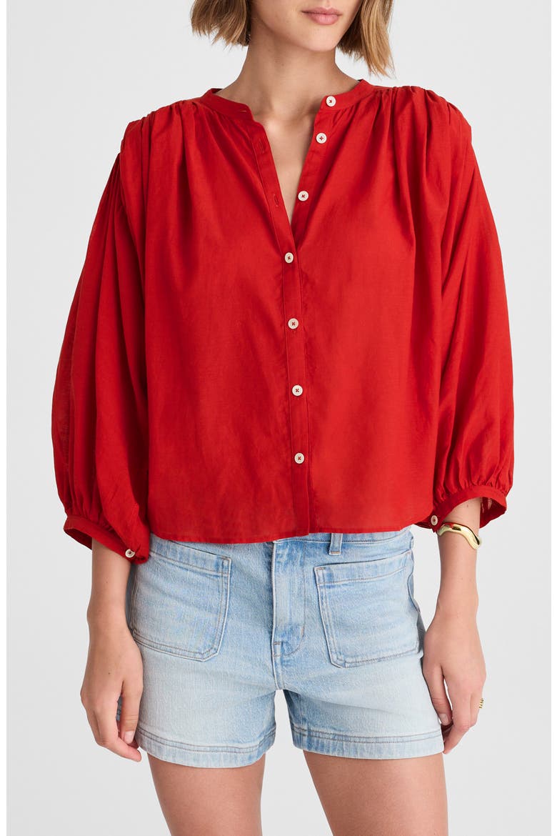 Shirred Voile Button-Up Top, Main, color, CHERRY RED