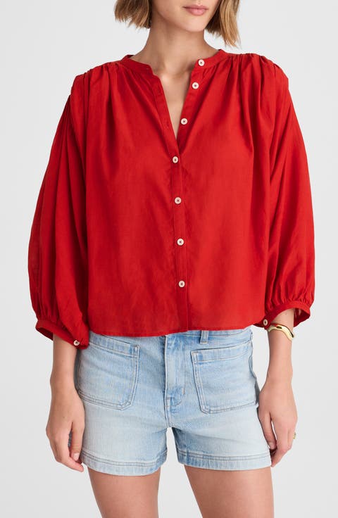 Shirred Voile Button-Up Top