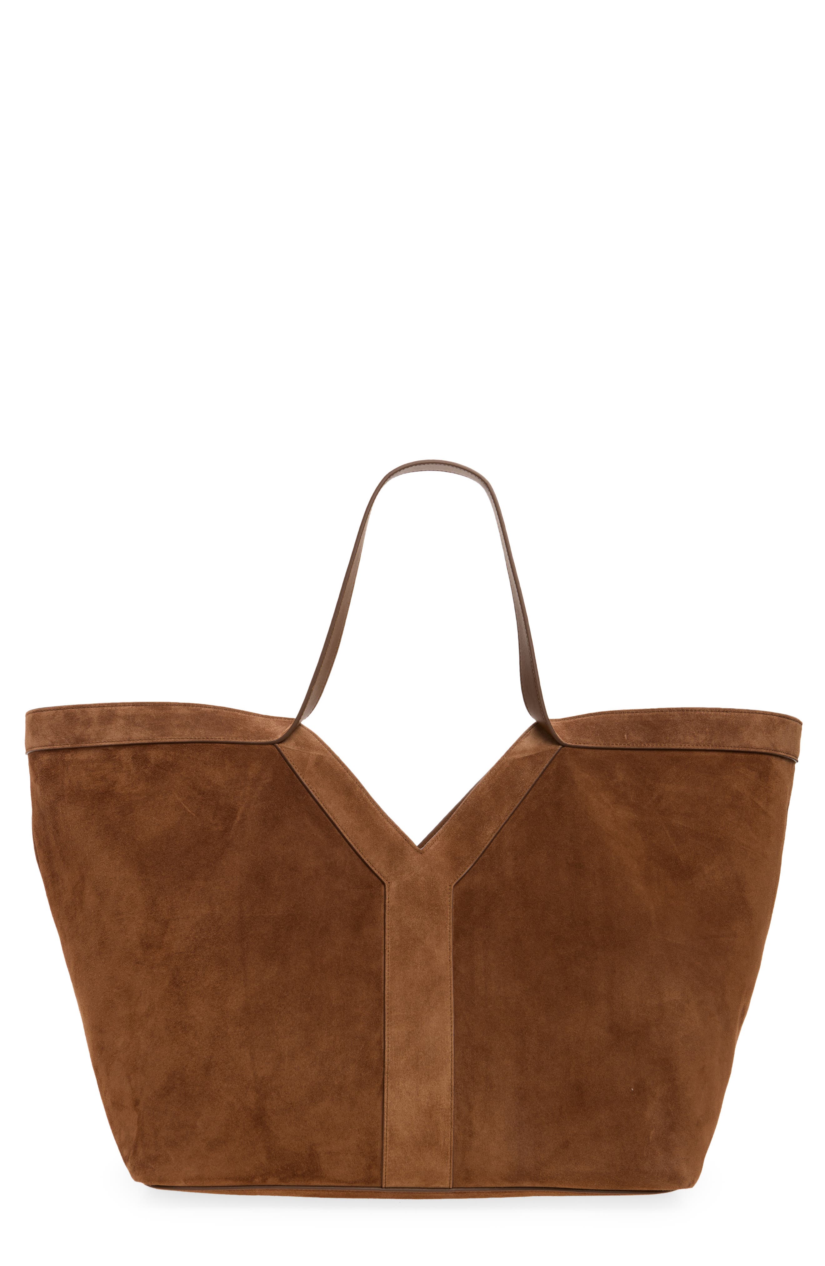 Y Suede Tote, Main, color, DARK CARAMEL COGNAC