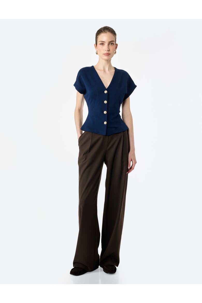 V-Neck Short Sleeve Button-Front Top, Main, color, NAVY STRIPE
