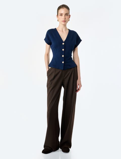 V-Neck Short Sleeve Button-Front Top