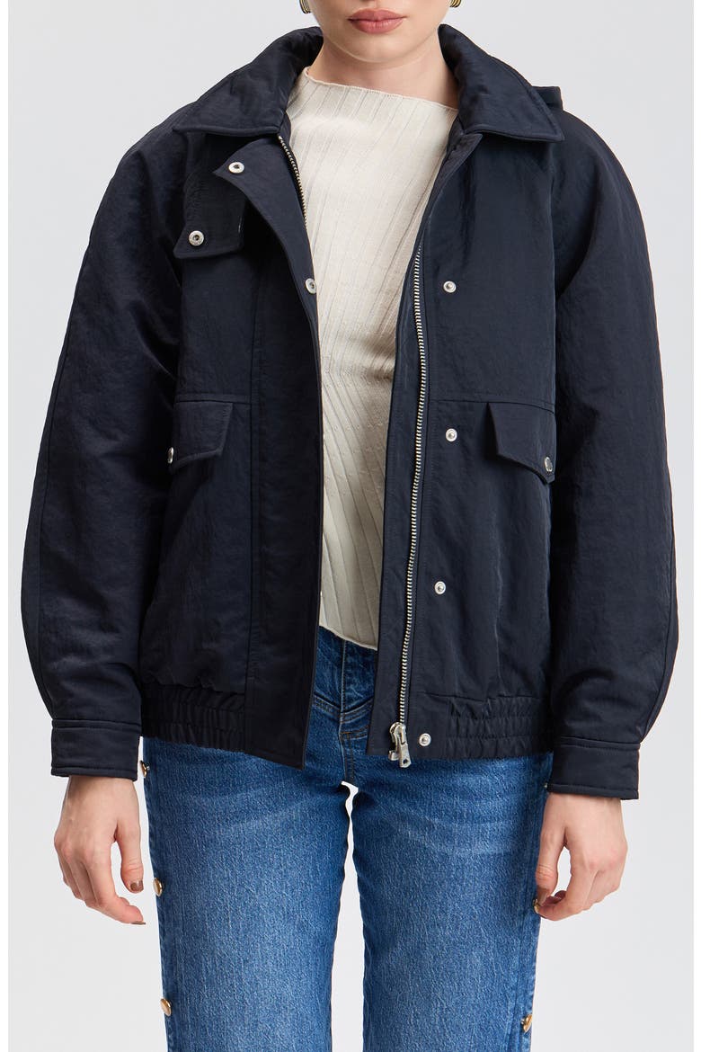 Water Resistant Oversized Rain Bomber Jacket, Main, color, NAVY/ RED MULTI