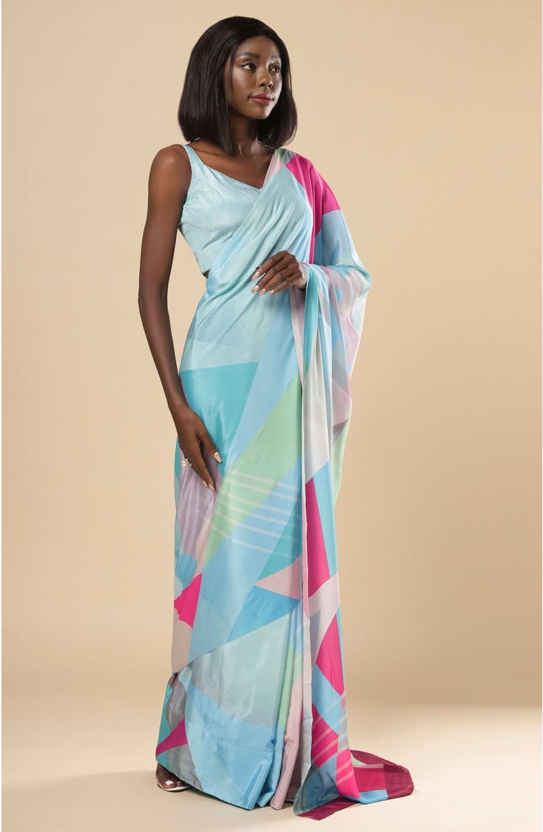 One Minute Saree<sup>®</sup> Kriss Turquoise Abstract Crepe Ready to wear One Minute Saree, Alternate, color, 