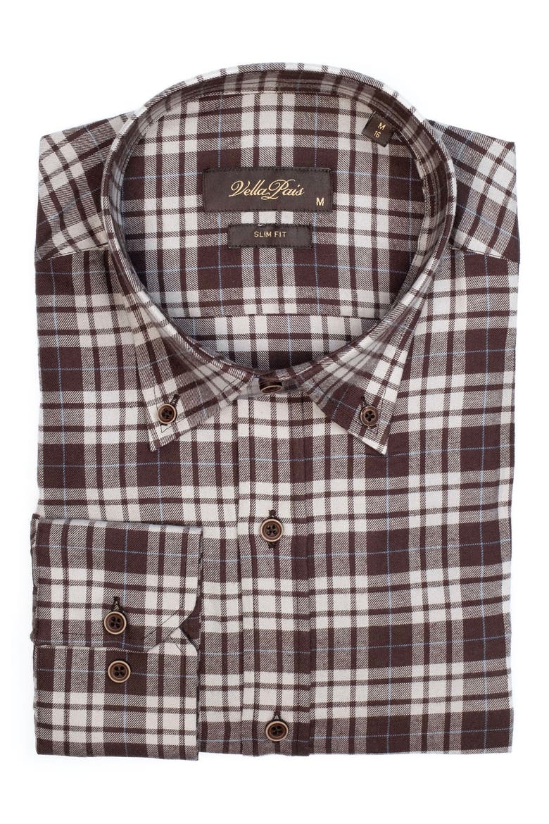 Plaid Cotton Slim Fit Button Down Shirt, Alternate, color, DARK BROWN