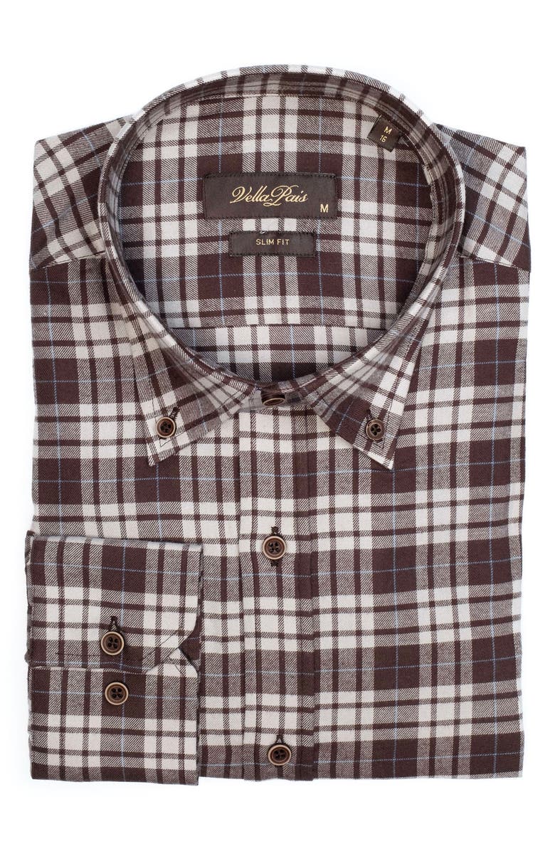 VELLAPAIS Plaid Cotton Slim Fit Button Down Shirt, Alternate, color, Dark Brown