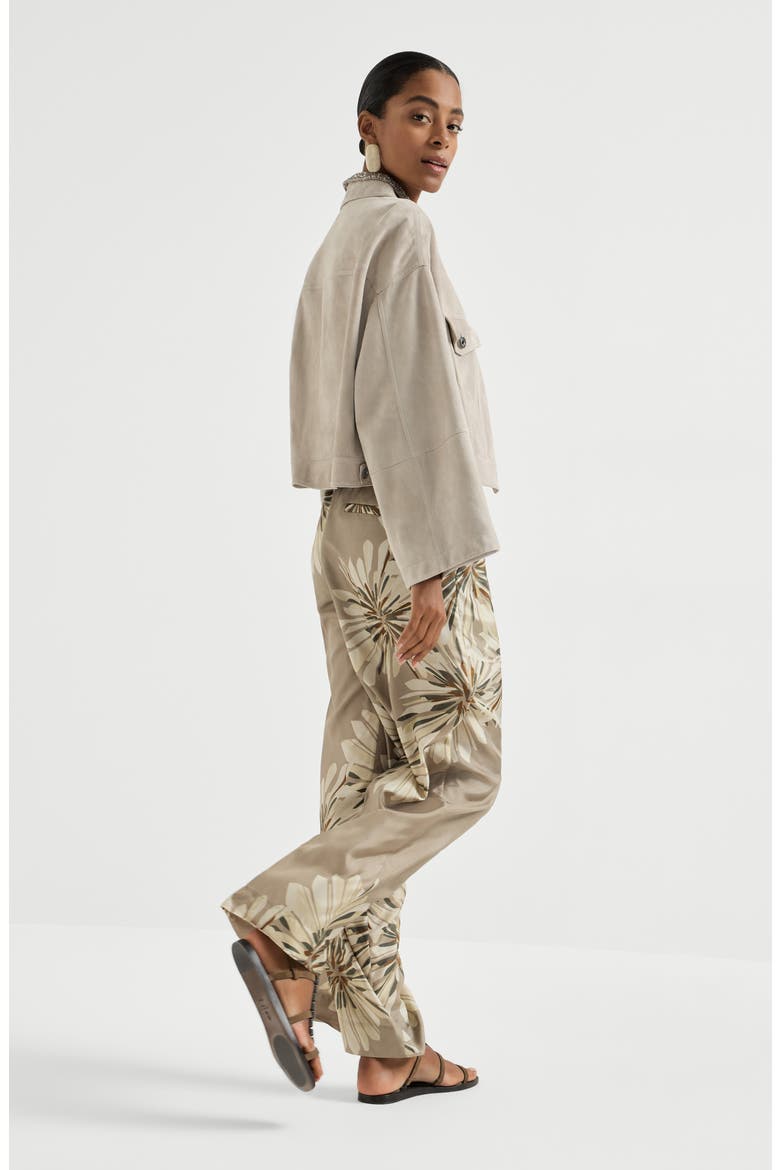 Bloom print pongee trousers, Alternate, color, Khaki