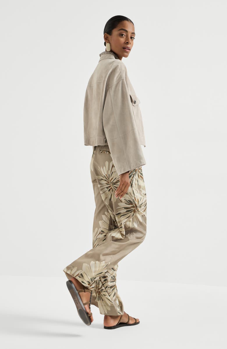 Brunello Cucinelli Bloom print pongee trousers, Alternate, color, Khaki