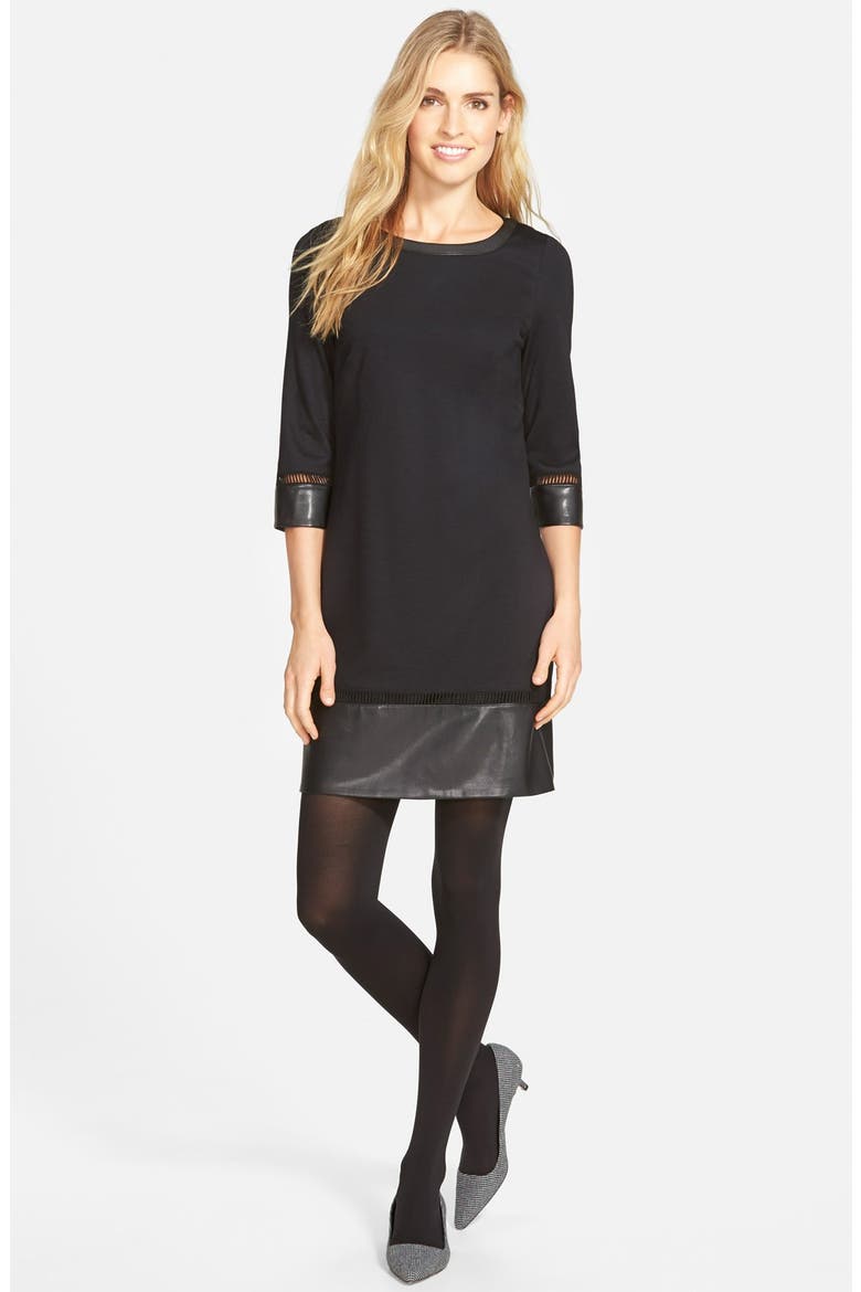 Ponte & Faux Leather Dress, Alternate, color, BLACK