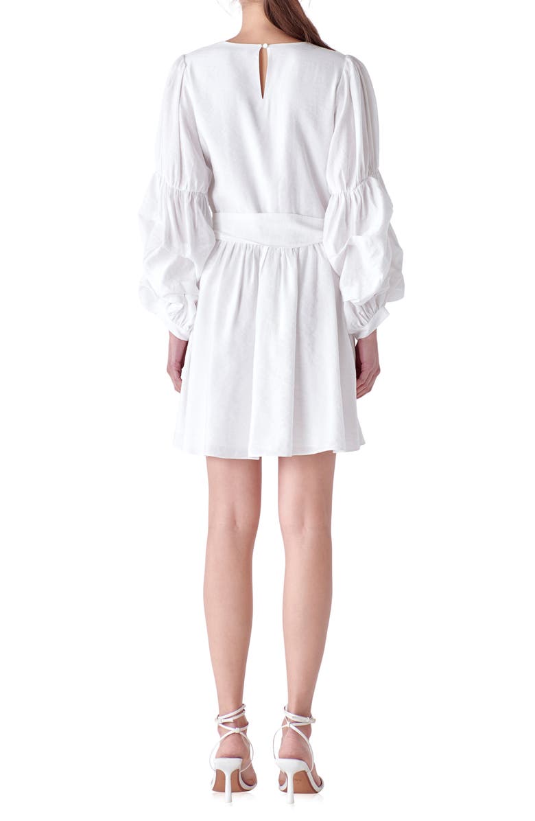 English Factory Cinched Puff Shoulder Long Sleeve Tie Belt Dress, Alternate, color, White