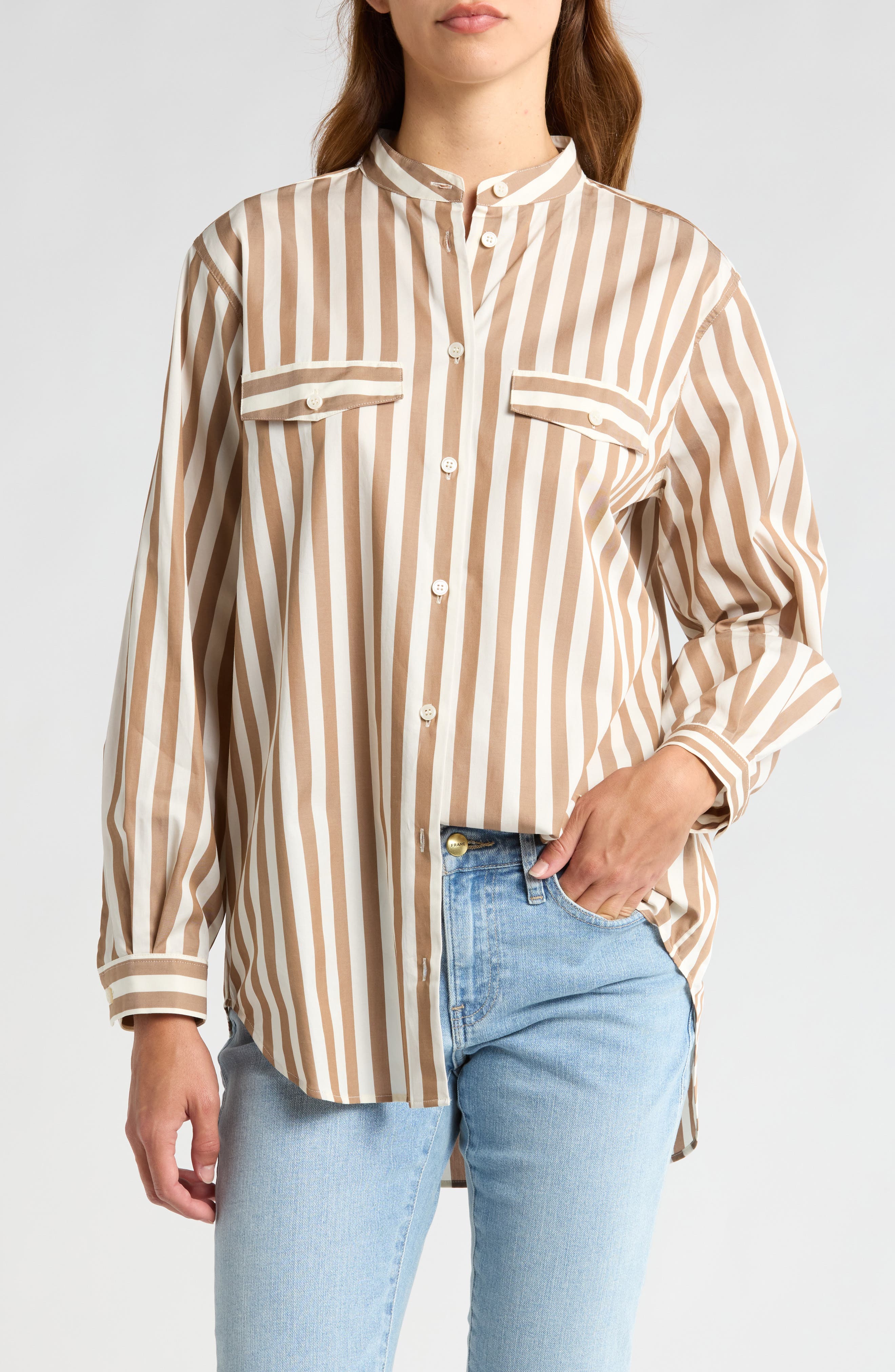 FRAME Stripe Pocket Button-Up Tunic Shirt