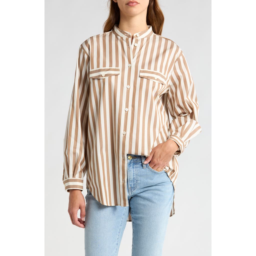 FRAME Stripe Pocket Button-Up Tunic Shirt in Mocha Multi at Nordstrom Rack, Size Xx-Small