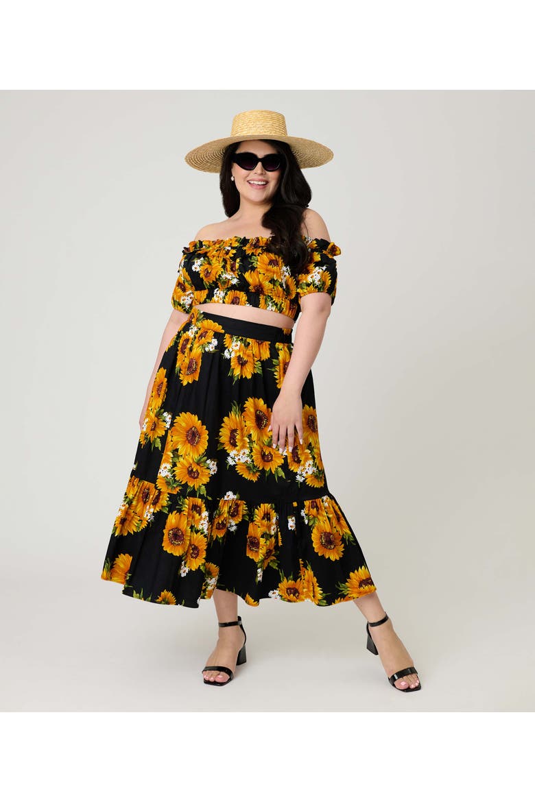 Plus Size Tiered Midi Skirt, Alternate, color, Black Sunflower Print