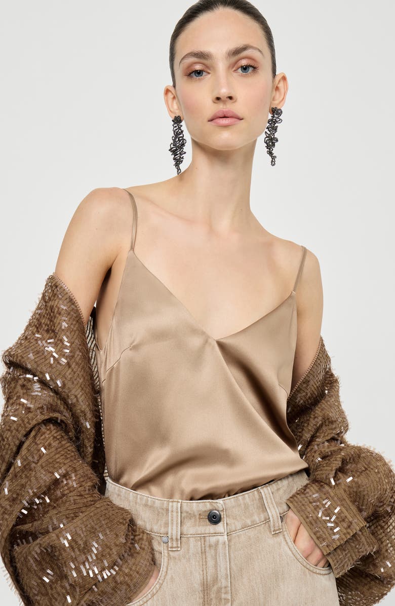 Brunello Cucinelli Stretch silk satin camisole, Alternate, color, Beige