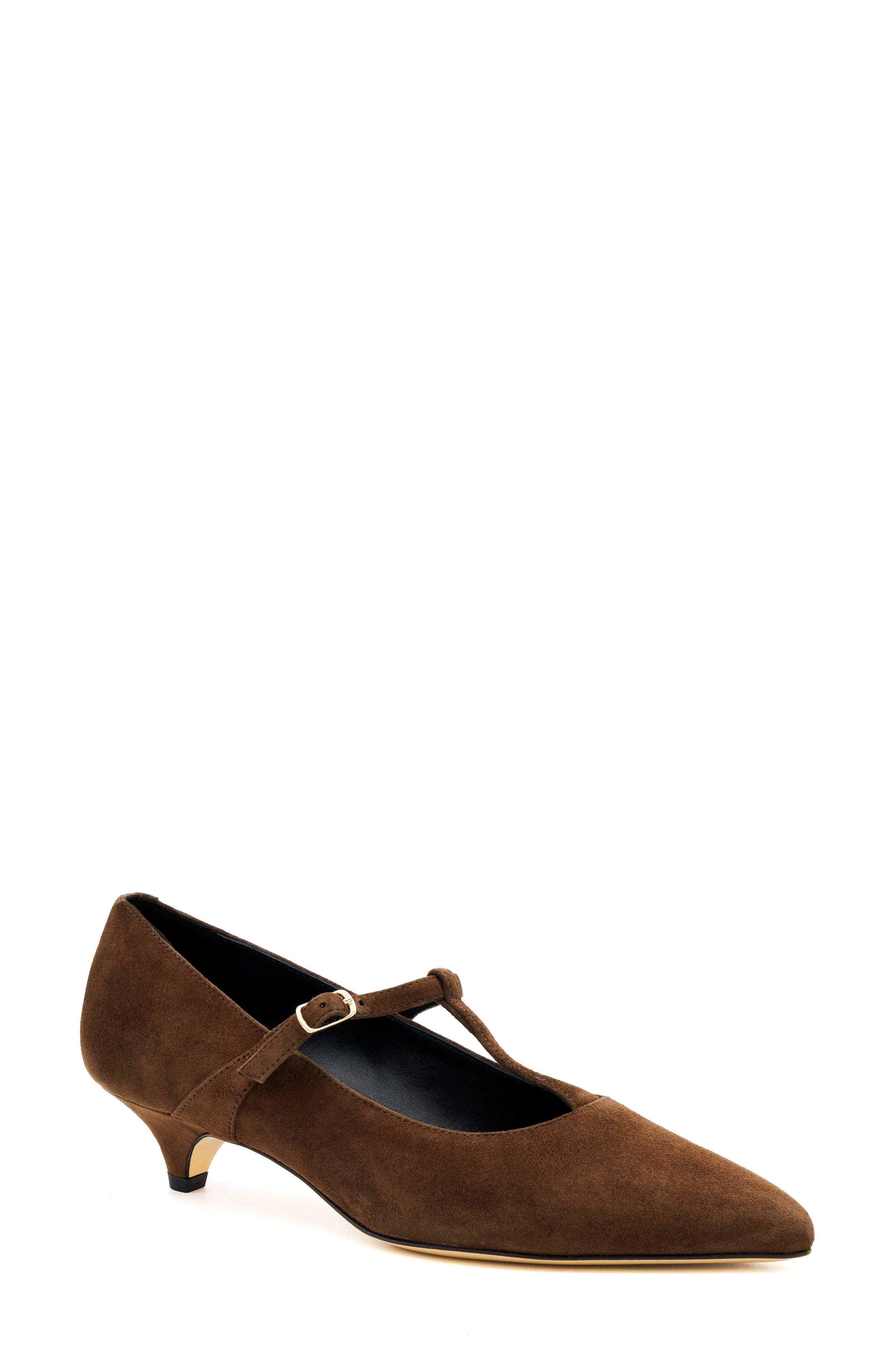 Acciaio Leather T-Strap Pump, Main, color, DARK BROWN