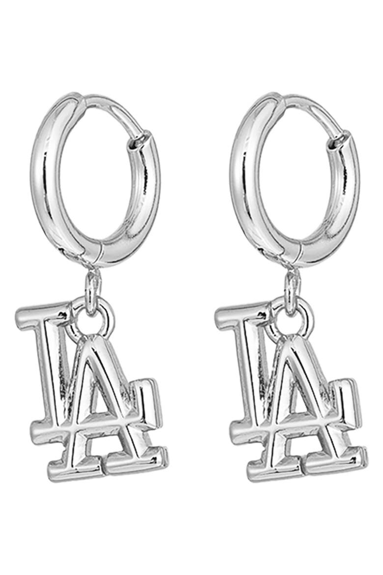 MLB Los Angeles Dodgers Logo Charm Huggie Hoop Earrings, Main, color, SILVER