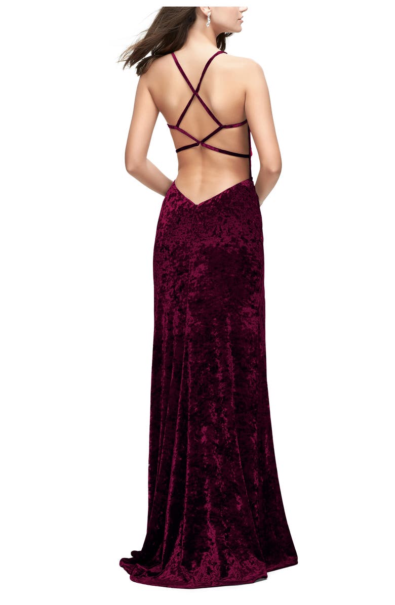La Femme Crushed Velvet Form Fitting Gown with Leg Slit and Open Back, Alternate, color, Wine