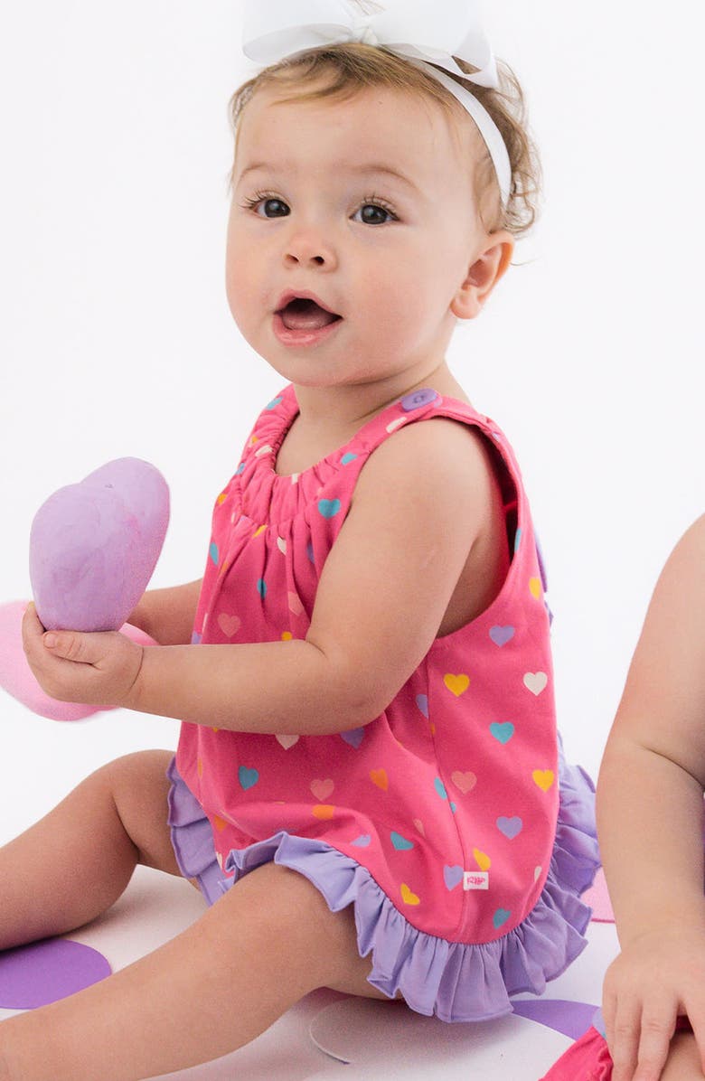 RuffleButts Kids
 Heart Print Cotton Ruffle Swing Top and Bloomer Set, Alternate, color, Pink