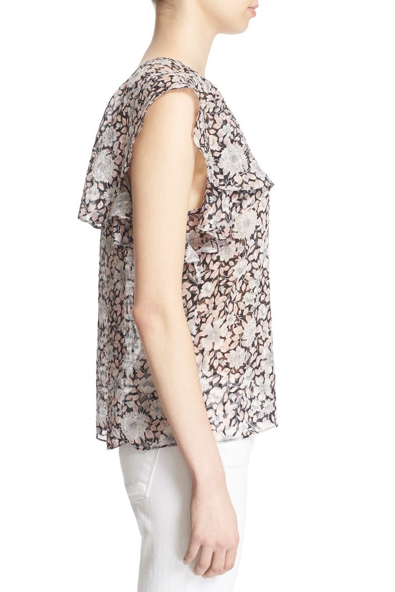 Floral Print Ruffle Sleeve Silk Top, Alternate, color, BLACK/ CAMEO