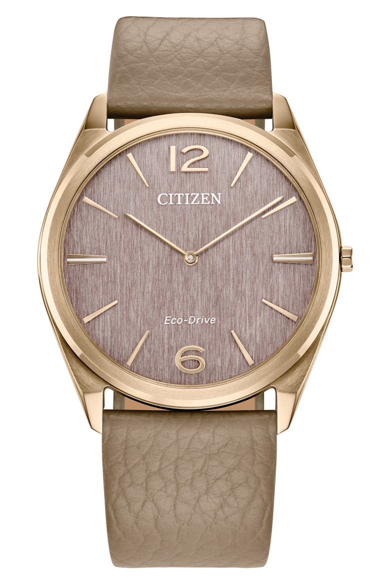 Suratto Eco-Drive Leather Strap Watch, 38.4mm x 4.71mm, Main, color, BEIGE