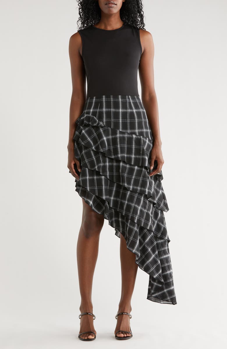 AREA STARS Asymmetrical Plaid Mixed Media Dress, Main, color, Black